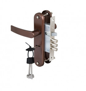 Замок врезной сувальдный с защёлкой в комплекте с ручкой САМ ЗВ9-6/13 медный антик 3 кл /77311/