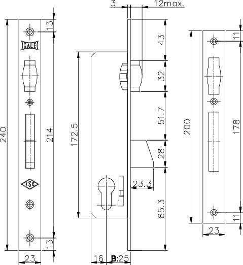 Корпус узкопрофильного замка с роликовой защёлкой KALE KILIT 255 25 mm w/b никель