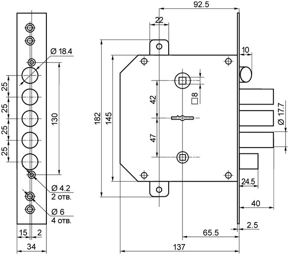 Замок врезной сувальдный с задвижкой и защёлкой BORDER ЗВ9-6 ЛКТЗ с тягами левый 5 кл. 77405