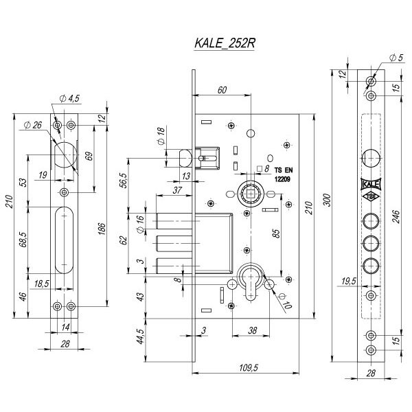 Корпус врезного цилиндрового замка с защёлкой KALE KILIT 252/R w/b