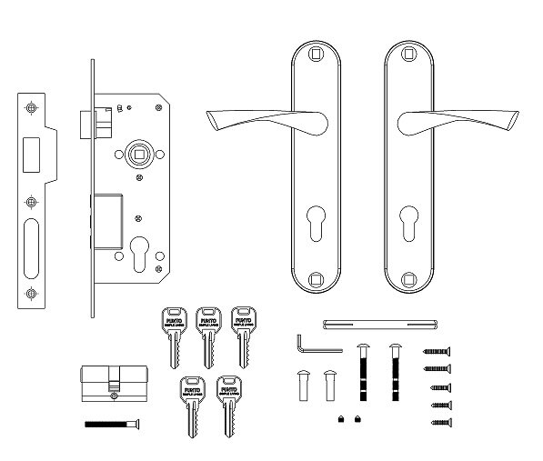 Замок врезной цилиндровый с защёлкой в комплекте с ручкой PUNTO KIT P90 4585/3 CRONA SN Матовый никель 5 ключей
