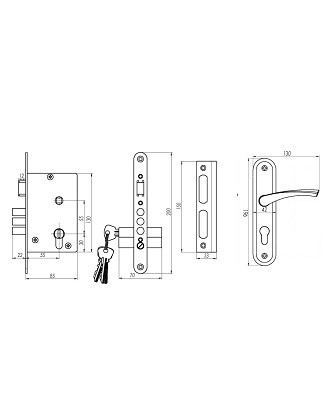 Замок врезной цилиндровый с защёлкой в комплекте с ручкой ОМЕГА ЗВ4.2-01 медь 3 кл