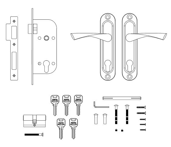 Замок врезной цилиндровый с защёлкой в комплекте с ручкой PUNTO KIT P16 4070 CRONA SN Матовый никель 5 ключей