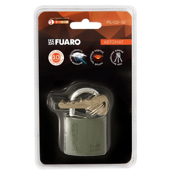 Замок навесной FUARO PL-02-32 англ. 3 кл. БЛИСТЕР
