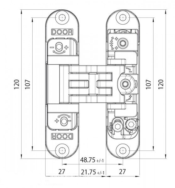 KUBICA 2700 DXSX CS петля скрытая универсальная центральная МАТОВЫЙ ХРОМ 60 kg