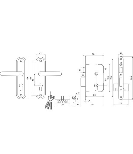 Замок врезной цилиндровый с защёлкой в комплекте с ручкой ОМЕГА ЗВ7.02 медь 4 кл