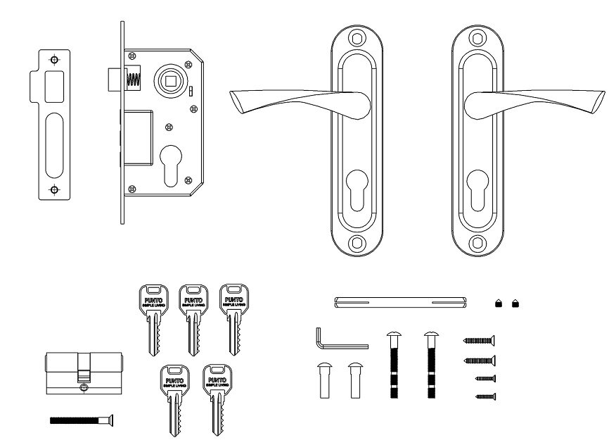 Замок врезной цилиндровый с защёлкой в комплекте с ручкой PUNTO KIT P15 4061/3 CRONA AB Бронза 5 ключей