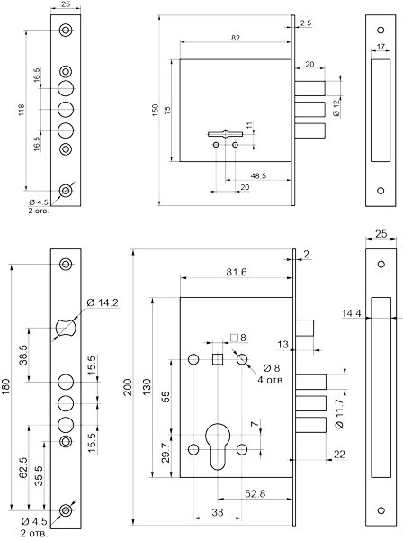 Комплект врезных замков BORDER Standart с ригелем 12 мм ЗВ8-8У, ЗВ4-3/55 3 кл. 76314+78931