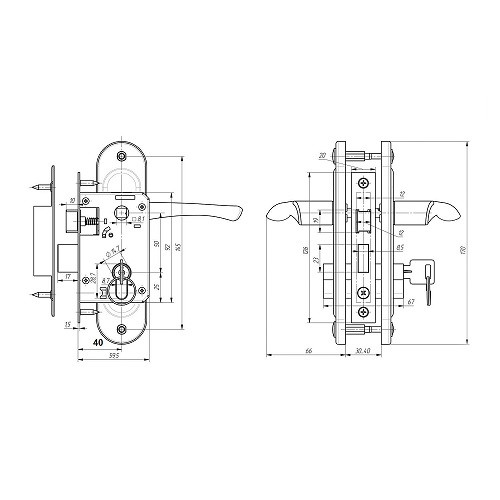 Замок врезной цилиндровый с защёлкой в комплекте с ручкой ЗЕНИТ ЗВ4-50.01 медь 5 кл