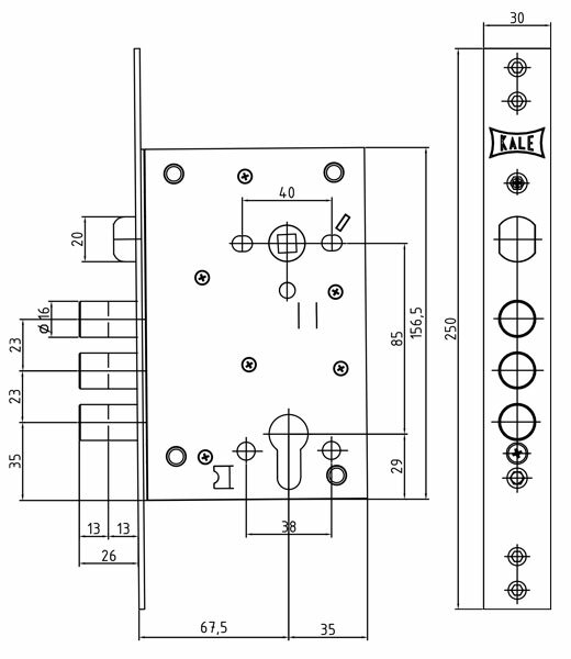 Корпус врезного цилиндрового замка с защёлкой KALE KILIT 442 w/b