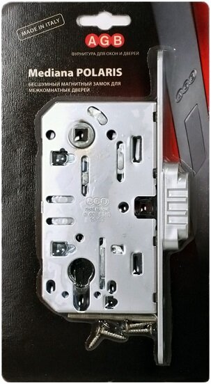 Замок межкомнатный магнитный под цилиндр AGB MEDIANA POLARIS B06103.50.34.567 с ответной планкой B02402.05 матовый хром
