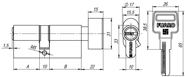Цилиндровый механизм с вертушкой FUARO R602/90 mm (40+10+40) CP хром 5 кл
