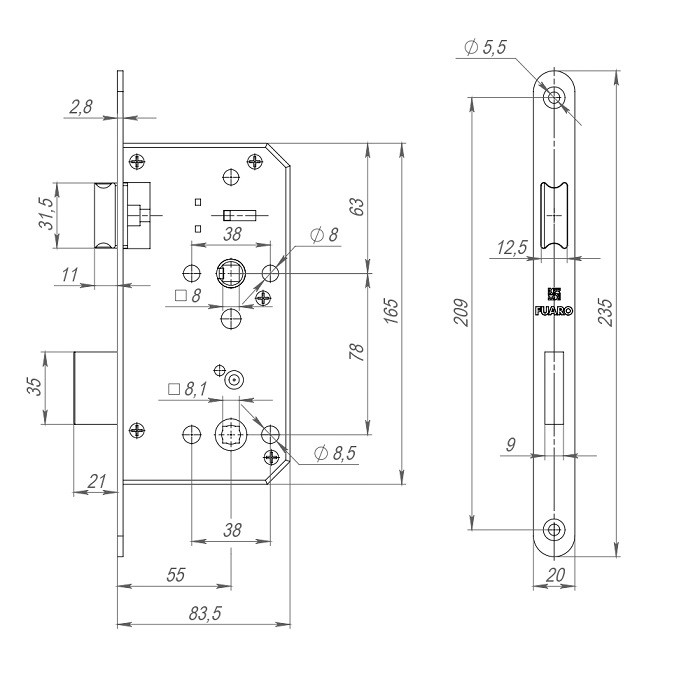 Замок врезной FUARO DD.INOX/WC-55.78 нержавейка