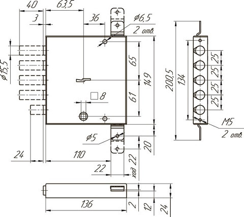 Замок врезной сувальдный с задвижкой МЕТТЭМ ЗВ8 152.1.0 с тягами без лицевой планки 5 кл.