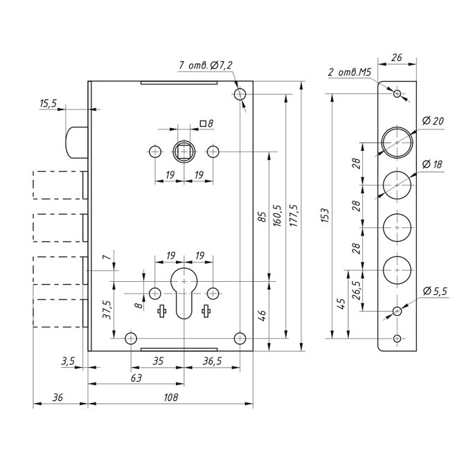 Корпус врезного замка ГАРДИАН ЗВ 102.11 Т с защёлкой /128:7066/