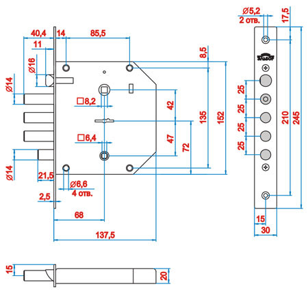 Замок врезной сувальдный с задвижкой и защёлкой ЭЛЬБОР Базальт 1.05.41 5 кл