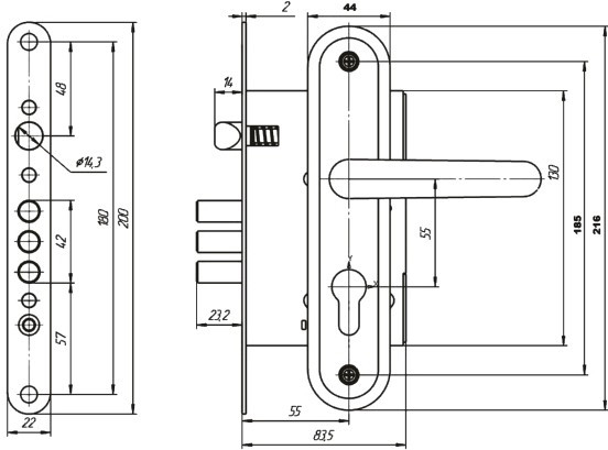 Корпус врезного замка с защелкой в комплекте с ручкой ЗЕНИТ ЗВ4.009/17 медь 4 кл