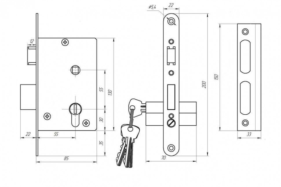 Замок врезной цилиндровый с защёлкой в комплекте с ручкой ЗЕНИТ ЗВ4-3.07 бронза 4 кл