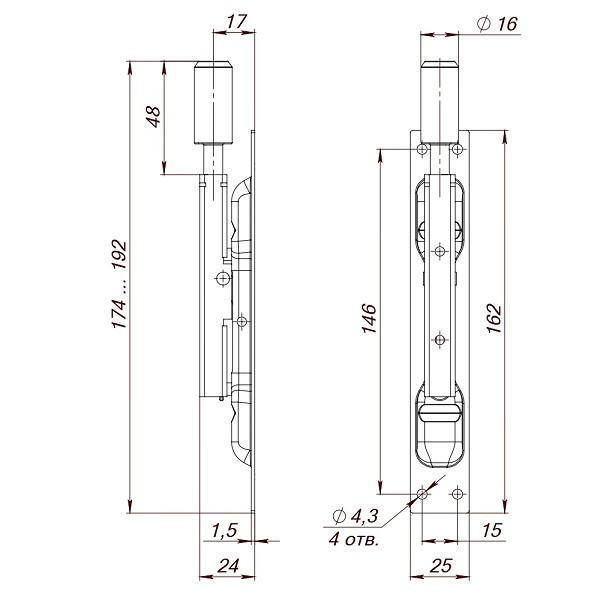 Задвижка торцевая FUARO RIGEL-set/160 D16x60mm (TDB set 160-24) в комплекте с ригелем