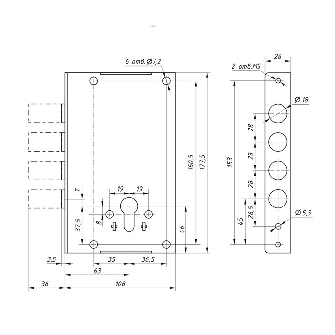 Корпус врезного замка ГАРДИАН ЗВ 102.02 Т /128:6395/